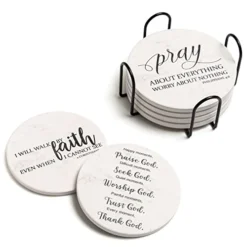 Coasters For Drinks With Bible Verses, Set Of 6 Absorbent Drinks Coasters With Holder Ceramic Drink Coaster With Cork Backing For Table Protection, Christian Coasters, Christian Gifts