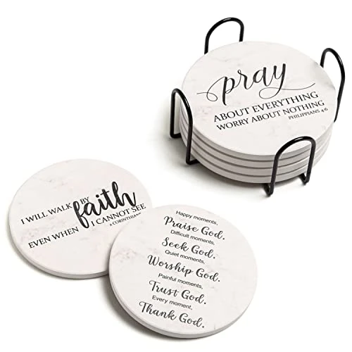Coasters For Drinks With Bible Verses, Set Of 6 Absorbent Drinks Coasters With Holder Ceramic Drink Coaster With Cork Backing For Table Protection, Christian Coasters, Christian Gifts 1 Coasters For Drinks With Bible Verses, Set Of 6 Absorbent Drinks Coasters With Holder Ceramic Drink Coaster With Cork Backing For Table Protection, Christian Coasters, Christian Gifts