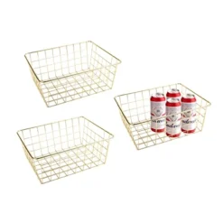 3pcs Wire Storage Baskets For Organizing,Pantry Organization Bins For Cabinets,Metal Basket For Kitchen,Laundry,Garage,Fridge,Bathroom Countertop Organizer (Small, Gold)