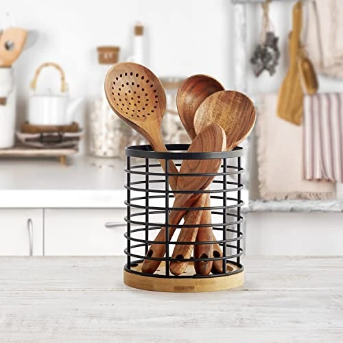 Utensil Holder For Kitchen Counter - 5.2" X 5.2" X 6" Large Round Utensils Holder With Wooden Base Matte Black Cooking Utensil Holder,Kitchen Countertop Utensil Organizer (Metal+Bamboo) 1 Utensil Holder For Kitchen Counter - 5.2" X 5.2" X 6" Large Round Utensils Holder With Wooden Base Matte Black Cooking Utensil Holder,Kitchen Countertop Utensil Organizer (Metal+Bamboo)