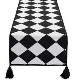 Black And White Diamond Woven Table Runner - 14 X 71 Inch Checker Runner Table Centerpiece For Dining Home Decor, Indoor Parties, Holiday Events Tassel Table Runner
