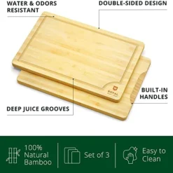 Ooden Cutting Boards For Kitchen Meal Prep & Serving - Bamboo Wood Cutting Board Set With Deep Juice Groove Side Handles - Charcuterie & Chopping Butcher Block For Meat - Kitchen Gadgets Gift (3 Pcs)