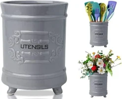 French White Ceramic Utensil Holder - Vintage Style Kitchen Utensil Caddy - Shabby Chic Cooking Utensil Organizer For Countertop - Rustic French Country Utensil Crock For Cooking Enthuziast -Kitchen Island Sale 41vKHfUS1ML. AC