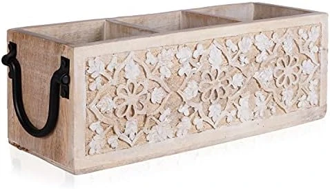 Wood Utensil Holder For Kitchen | 3 Compartments - Whitewash & Black | Rustic Farmhouse Home Decor | Bathroom Organizer | Decorative Wooden Caddy | Desktop Organization | 13" Length 8 Wood Utensil Holder For Kitchen | 3 Compartments - Whitewash & Black | Rustic Farmhouse Home Decor | Bathroom Organizer | Decorative Wooden Caddy | Desktop Organization | 13" Length - Image 8