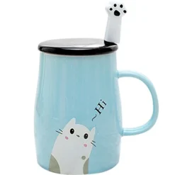 Cute Blue Cat Mug, Funny Ceramic Cofffee Mug With Stainless Steel Spoon, Novelty Coffee Mug For Crazy Cat Lovers
