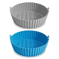 YCQQPRO Silicone Air Fryer Liner, 9.5inch Reusable Air Fryer Silicone Basket, Heat Resistant Easy Cleaning Air Fryers Silicone Pot For 6QT Or Bigger Air Fryer Oven Acessories (2 Pack, Blue & Grey)