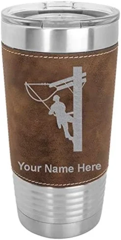 20oz Vacuum Insulated Tumbler Mug, Lineman, Personalized Engraving Included (Faux Leather, Rustic) -Kitchen Island Sale 41xH6upfyvL. AC