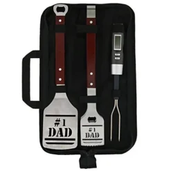 BBQ Grill Tools Set Gift For Dad, 4 Piece Set, Number 1 Dad Tongs, Spatula, Digital Thermometer And Case