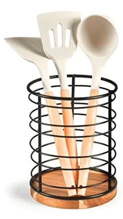 Utensil Holder For Kitchen Counter, Black Metal Wire Cooking Utensil Holder With Acacia Wooden Base, Large Kitchen Utensil Holder For Countertop