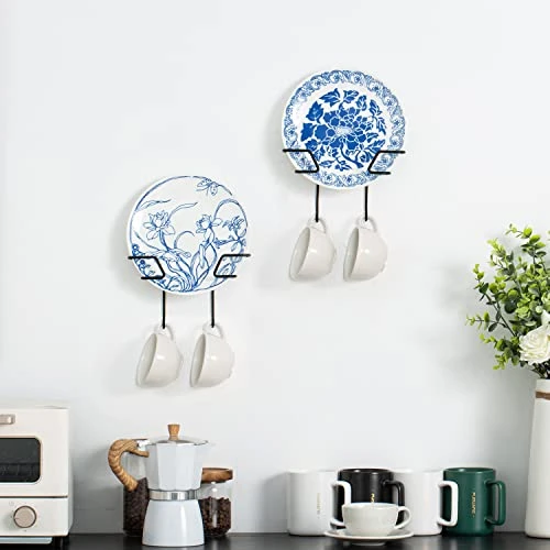 MyGift Wall Mounted Matte Black Metal Plate Display Rack With Hanging Hooks For Teacups And Mugs, Decorative Plate Holder Stand With Cup Hooks, Set Of 2 2 MyGift Wall Mounted Matte Black Metal Plate Display Rack With Hanging Hooks For Teacups And Mugs, Decorative Plate Holder Stand With Cup Hooks, Set Of 2 - Image 2