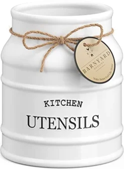 Ceramic Farmhouse Kitchen Utensil Holder For Countertop, Decorative Kitchen Utensil Holder, Large Kitchen Utensil Holder For Kitchen Counter, Utensil Crock Spatula Holder, 6.75" White
