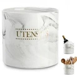 Kitchen Utensil Holder Large Utensil Holder For Countertop, Modern Ceramic Cooking Utensil Crock Heavy Spatula Holder, 6.7 Inches Gray Marble Utensils Organizer For Home Decor