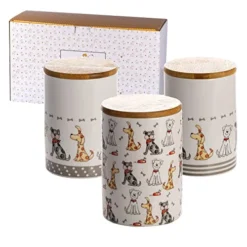 Eramic Kitchen Canisters – Airtight Canister Sets For The Kitchen - Storage Jar Set Of 3 - Sugar Coffee Tea Canister Set - Dog Themed - Decorative For Countertop - Dog Lover Gifts For Men Women