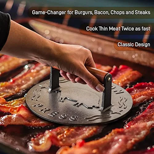 Bellemain Bacon Press 8.5-Inch Round | Heavy-duty Cast Iron Grill Press For Perfectly Seared Bacon, Steak & Sandwiches | Equalized Weight Distribution | Food-Grade Press With Wood Handle | 3 Lbs 2 Bellemain Bacon Press 8.5-Inch Round | Heavy-duty Cast Iron Grill Press For Perfectly Seared Bacon, Steak & Sandwiches | Equalized Weight Distribution | Food-Grade Press With Wood Handle | 3 Lbs - Image 2