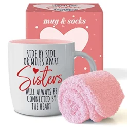 Sisters Gifts From Sister - Best Sister Ever Coffee Mug And Socks, Gift Idea For Sister On Christmas, Women's Birthday, Rakhi, Valentines, Mothers Day Mugs, Connected By Heart