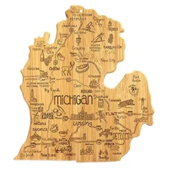 Destination Michigan State Shaped Serving And Cutting Board, Includes Hang Tie For Wall Display