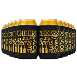 30th Birthday Can Cooler, Black Gold Cheers To 30 Years Birthday Decoration Party Favor Can Covers, 12-Ounce Neoprene Coolers For Soda, Can Beverage, 12 Count
