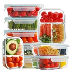 Bayco 9 Pack Glass Meal Prep Containers 3 & 2 & 1 Compartment, Glass Food Storage Containers With Lids, Airtight Glass Lunch Bento Boxes, BPA-Free & Leak Proof (9 Lids & 9 Containers)