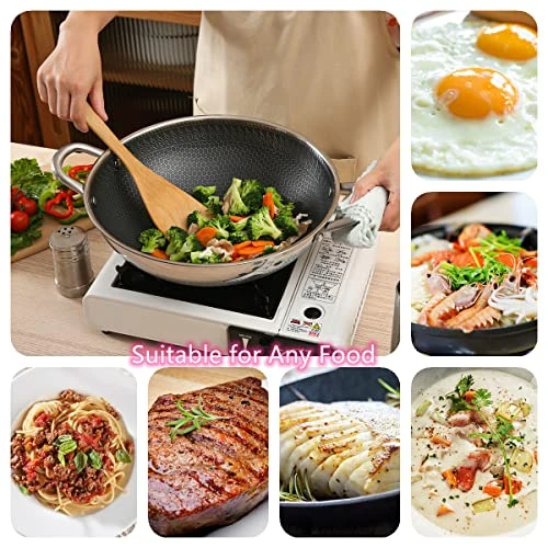 12.5” Wok Pan With Dual Honeycomb Wok Stainless Steel Wok Pan With Nonstick Coating, Frying Pans Cookware, Two Handles,Works With Induction ,Gas, Electric, Ceramic Furnace Stove, Without Lid 2 12.5” Wok Pan With Dual Honeycomb Wok Stainless Steel Wok Pan With Nonstick Coating, Frying Pans Cookware, Two Handles,Works With Induction ,Gas, Electric, Ceramic Furnace Stove, Without Lid - Image 2