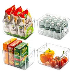 T Of 4 Clear Pantry Organizer Bins Household Plastic Food Storage Basket With Cutout Handles For Kitchen, Countertops, Cabinets, Refrigerator, Freezer, Bedrooms, Bathrooms - 11" Wide
