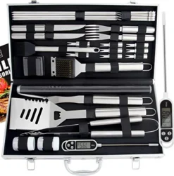 28pc BBQ Accessories Set With Thermometer - The Very Best Grill Gift On Birthday Wedding - Heavy Duty Stainless Steel Grill Set In Case For Outdoor Cooking Camping Grilling Smoking