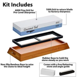 Whetstone Knife Sharpener By Gourmet Tool - 1000/6000 Knife Sharpening Stone - Waterstone Grit With Non-Slip Bamboo Base Flattening Stone And Angle Guide - Best Wet Stone Kitchen Knives Gift Ideas -Kitchen Island Sale 514gyat2q0L