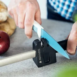 Diamond Sharpening Steel - Oval Knife Rod With Built-In 2-Stage Sharpener Slots For Coarse And Fine Honing Kitchen Knives - 10" (25cm), Black -Kitchen Island Sale 514pOMvGAuL