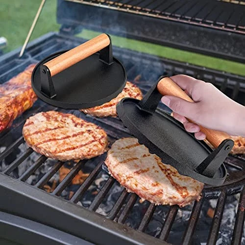 Cast Iron Burger Press, 7 Inch Round Heavy Duty Bacon Meat Steak Grill Press With Wooden Handle, Heat Proof, Rust Resistance, Griddle Accessorie Burger Smasher For BBQ Flat Top Teppanyaki 5 Cast Iron Burger Press, 7 Inch Round Heavy Duty Bacon Meat Steak Grill Press With Wooden Handle, Heat Proof, Rust Resistance, Griddle Accessorie Burger Smasher For BBQ Flat Top Teppanyaki - Image 5