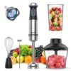 Immersion Blender 5 In 1 Hand Blender 800W Heavy Duty Motor, 15 Speed And Turbo Mode Handheld Blender Stainless Steel Blade With 800ml Mixing Beaker, 600ml Chopper, Whisk And Milk Frother (Silver-1)