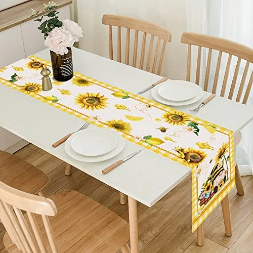 Summer Table Runner, Summer Table Runners 72 Inches Long For Kitchen, Burlap Yellow Sunflower Runner For Dining Room Tabletop Decoration, Farmhouse Honey Gnomes Home Kitchen Decor 3 Summer Table Runner, Summer Table Runners 72 Inches Long For Kitchen, Burlap Yellow Sunflower Runner For Dining Room Tabletop Decoration, Farmhouse Honey Gnomes Home Kitchen Decor - Image 3