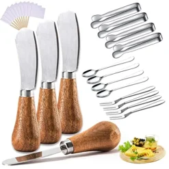4Pcs/Pack Vertical Cheese Spreader With Wooden Handle Cute Standing Butter Knife Stainless Steel Mini Serving Tongs Spoons Forks For Fruit, Picnic,Charcuterie