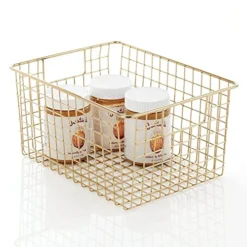 MDesign Metal Wire Food Storage Basket Organizer With Handles For Organizing Kitchen Cabinets, Pantry Shelf, Bathroom, Laundry Room, Closets, Garage - Concerto Collection - Soft Brass