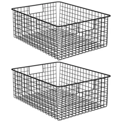 MDesign Metal Wire Food Storage Basket Organizer With Handles For Organizing Kitchen Cabinets, Pantry Shelf, Bathroom, Laundry Room, Closets, Garage - Concerto Collection - 2 Pack - Black