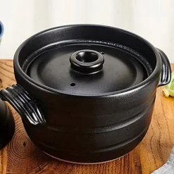 Japanese Earthenware Clay Rice Cooker With Double Lid,Round Donabe Hot Pot Ceramic Casserole Rice Cookware Stockpot Stove Pot,Made In Japan-Black 19.3x13.5cm(8x5inch) (3tezm-003) -Kitchen Island Sale 5178X1RTyHS