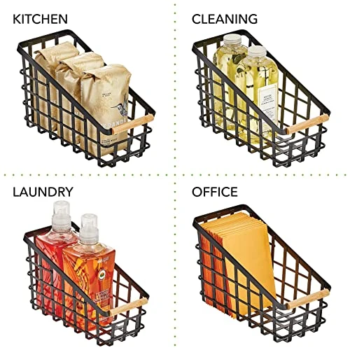 Slim Slanted Metal Wire Kitchen Storage Basket Bin Organizer With Wood Handle For Pantry, Cabinet, Cupboard, Or Countertop Organization - Yami Collection - Matte Black/Natural 4 Slim Slanted Metal Wire Kitchen Storage Basket Bin Organizer With Wood Handle For Pantry, Cabinet, Cupboard, Or Countertop Organization - Yami Collection - Matte Black/Natural - Image 4