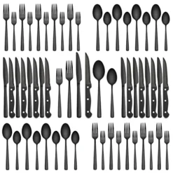 48-Piece Black Silverware Set With Steak Knives, Black Flatware Set For 8, Food-Grade Stainless Steel Tableware Cutlery Set, Utensil Sets For Home Restaurant, Satin Finished Polished