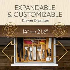 (2.5" Deep) Expandable Drawer Organizer For Silverware Utensils Kitchen Gadgets And Cutlery Flatware Organizer For Drawer Tray/Utensil Tray, Large Expands From 13.7-21.6 Wide X 17L X 2.5H