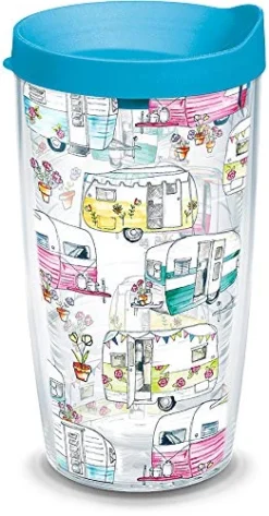 Tervis Made In USA Double Walled Colorful Camper Insulated Tumbler Cup Keeps Drinks Cold & Hot, 16oz, Clear