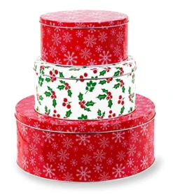 Teel Mill & Co Tin Containers With Lids, 3 Pack Christmas Cookie Tins, Festive Cookie Tins For Gift Giving & Holiday Treats, Round Metal Nesting Containers, Large Medium Small, Snowflake & Holly