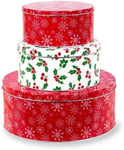 Teel Mill & Co Tin Containers With Lids, 3 Pack Christmas Cookie Tins, Festive Cookie Tins For Gift Giving & Holiday Treats, Round Metal Nesting Containers, Large Medium Small, Snowflake & Holly -Kitchen Island Sale 51A4og91GuL. AC