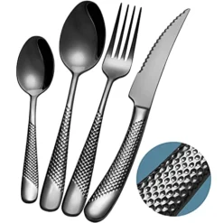 16-Piece ​Modern Black Hammered Silverware Set With Ultra Sharp 2-IN-1 Serrated Knive, 18/10 Stainless Steel Flatware Set, Titanium ​Plated Cutlery Set Service For 4, Reusable, Dishwasher Safe