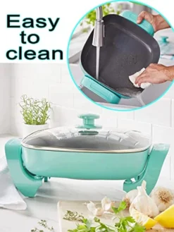Electric Skillet Ceramic Nonstick 5QT - 12" Square With Glass Lid, Adjustable Temperature Control, Dishwasher Safe, Turquoise, Nozaya -Kitchen Island Sale 51AgUzAIJQL