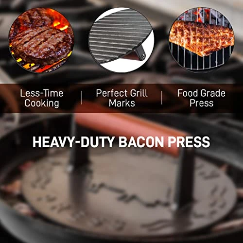 Bellemain Bacon Press 8.5-Inch Round | Heavy-duty Cast Iron Grill Press For Perfectly Seared Bacon, Steak & Sandwiches | Equalized Weight Distribution | Food-Grade Press With Wood Handle | 3 Lbs 1 Bellemain Bacon Press 8.5-Inch Round | Heavy-duty Cast Iron Grill Press For Perfectly Seared Bacon, Steak & Sandwiches | Equalized Weight Distribution | Food-Grade Press With Wood Handle | 3 Lbs