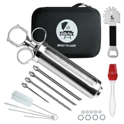 Grillin Pros Advanced Meat Injector Kit For Smoking & Grilling, Stainless Steel Large 2 Oz Syringe + Measuring Window For Cooking BBQ, Brisket, Turkey - Inject Marinade Or Seasoning For Tender Flavor