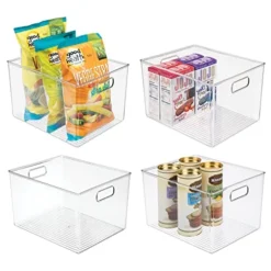 Plastic Storage Organizer Container Bin For Kitchen Organization In Pantry, Cabinet, Countertop Fridge, Refrigerator, And Freezer - Hold Food, Drink, Or Snacks, Ligne Collection, 4 Pack, Clear