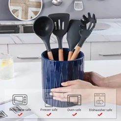 KOOV Kitchen Utensil Holder, Large Ceramic Utensil Crock, Deep And Stable, Utensils Caddy Irregular Striped Series (Aegean) -Kitchen Island Sale 51Bln2NPoZL