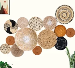 Boho Basket Wall Decor , Set Of 14 - Hanging Woven Wall Baskets African Design, Boho Wall Art, Round Wicker Bowl, Wicker Wall Tray Rattan Wall Decor, Bohemian Wall Decor Rustic Home Basket Wall Décor