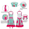 MHJY Kids Apron Hat Set For Girls Vintage Pleated Skirt Aprons With Adjustable Strap Pockets For Baking Cooking,Aqua Green Floral,Large (8-12 Years)