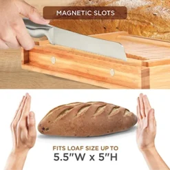 Luxury Bamboo Bread Slicer With Knife - 3 Slice Thickness, Foldable Compact Cutting Guide With Crumb Tray, Stainless Steel Bread Knife For Homemade Bread, Cake, Bagels 5.5” Wide X 5” Tall -Kitchen Island Sale 51DlU8sgQUL