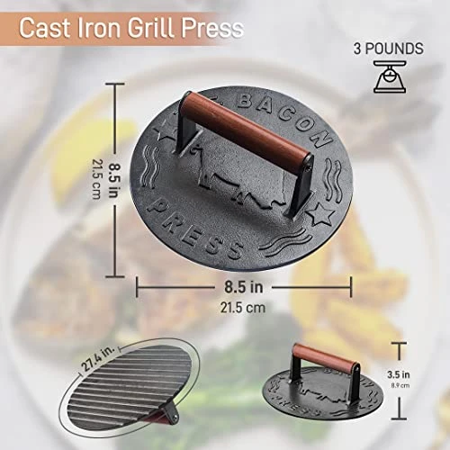 Bellemain Bacon Press 8.5-Inch Round | Heavy-duty Cast Iron Grill Press For Perfectly Seared Bacon, Steak & Sandwiches | Equalized Weight Distribution | Food-Grade Press With Wood Handle | 3 Lbs 3 Bellemain Bacon Press 8.5-Inch Round | Heavy-duty Cast Iron Grill Press For Perfectly Seared Bacon, Steak & Sandwiches | Equalized Weight Distribution | Food-Grade Press With Wood Handle | 3 Lbs - Image 3
